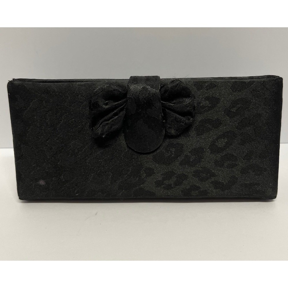 Kay Unger Black Satin Leopard Print Clutch Evening Purse